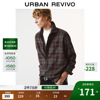 Ur star same style 2025 winter new men's trendy velvet plaid cardigan shirt uuv250027 dark brown green plaid s