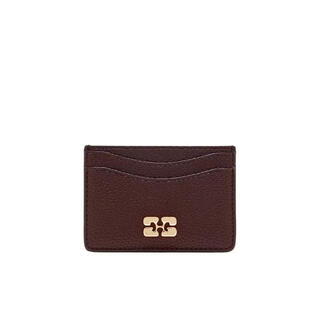 Ganni women's card holder with multi-card slot design, portable storage, metal decorative buckle, lightweight style, dark brown textured surface, red, one size fits all