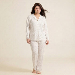 Minagawa (mynight) minagawa large size suit women's printed lapel long-sleeved modal home wear can be worn outside high-end drape pajamas off-white m (recommended weight 90-110jin jin equals 0.5 kg)