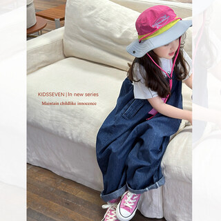 Seven bobi no. 7 children's warehouse girls' korean style casual denim overalls spring new style children's loose and versatile wide-leg pants trendy white letter t-shirts in stock 140 cm