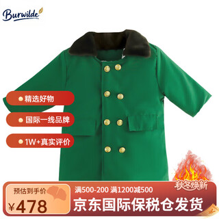 Burwilde international brand children's green military coat cotton thickened mid-length coat children's winter clothing thickened warm baby green single-piece military coat 140 cm