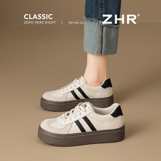 Zhr thick-soled moral training shoes women's classic versatile leather student casual sneakers 2026 new shoes not tiring feet women's shoes beige 35