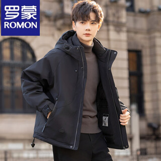 罗蒙（ROMON）连帽羽绒服男士冬季新款感加厚保暖户外冲锋衣款工装外套 黑色 XL 【体重140-160斤】