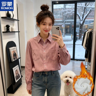 Romon corduroy long-sleeved shirt for women with niche design for fall and winter, thickened velvet, loose temperament top, petite jacket, pink - thickened velvet, s