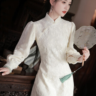 Du yanzhi white new chinese style cheongsam toast dress for women autumn and winter young style high-end temperament long-sleeved engagement certificate dress white 2xl 120-130jin jin equals 0.5kg (1.6m height standard)