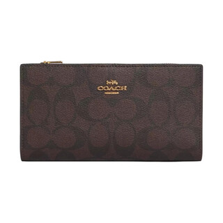 Coach slim wallet 18 classic presbyopic solid color canvas with leather clutch wallet small size women's dark default basic outfit (bag + dust bag)