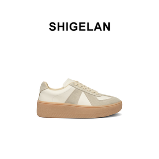 Shilan 2026 new thick-soled height-increasing sneakers, genuine leather stitching, lace-up, versatile casual shoes, fashionable and comfortable women's shoes, off-white 34