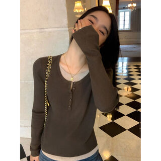 Pusumede fake two piece knitted sweater bottoming shirt for women spring and autumn design loose casual versatile single wear top coffee color ready stock s s