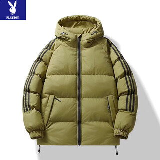 Playboy (playboy) new winter thickened hooded cotton jacket, warm and cold-proof cotton coat, casual bread coat, three-stripe cotton coat, men's jacket, khaki s