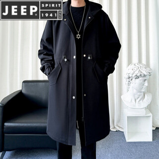 Jeep spirit american hooded windbreaker boys autumn and winter mid-length coat plus velvet thickened cotton coat british winter and autumn jacket black m