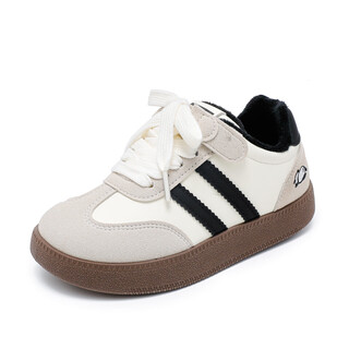Abja versatile soft-soled children's moral training shoes for boys and girls, children's casual shoes 2025 winter new plus velvet two-cotton sneakers, beige 32