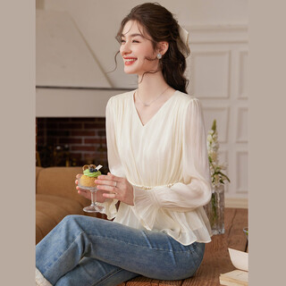 Bailuyu temperament v-neck waist shirt 26 spring new style gentle french ruffle top for women apricot l