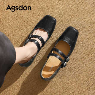 Augu shiden mary jane shoes for women spring new style retro temperament versatile ballet style shallow low heel single shoes square toe pig nose women's shoes p561129 black 35