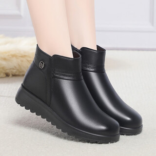 Ritai japanese and thai genuine leather mother's cotton shoes winter new wedge boots sheepskin all-in-one warm leather shoes middle-aged and elderly women's boots black plus velvet 35 (225mm)