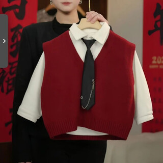 Chengzi boy's new year's greeting suit winter children's woolen vest and velvet shirt suit winter new year style thickened shirt red vest + shirt + tie 120