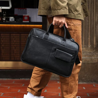 Hezz jones2026 new handbag imported vegetable tanned cowhide briefcase business casual business trip computer bag soft leather briefcase imported black vegetable tanned cowhide 42*28*9 cm