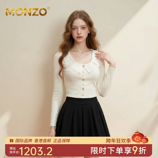 Monzo international high-end brand original design sweet style white long-sleeved fungus-edged sweater for women with buttons, slim and versatile, white s