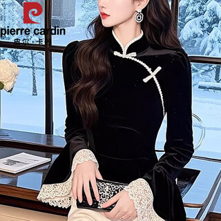 Pierre cardin new chinese style national style velvet shirt women 2025 new retro black button bottoming shirt with cheongsam autumn and winter clothes black l 105-115jin jin is equal to 0.5 kg