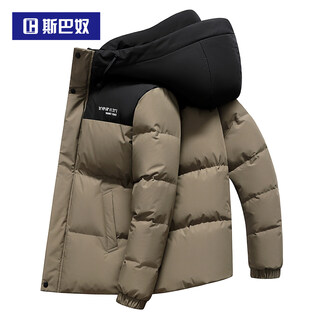 Spanu thickened bread down jacket men's short 2025 winter new casual hooded color block duck down warm jacket khaki xl