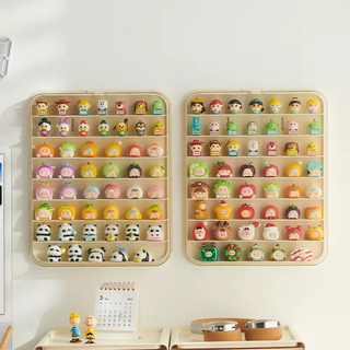 Yusenyi rmax blind box storage display rack, nail-free hanging on the wall, transparent cute bean doll doll dustproof figure display box, cream color cute bean blind box storage box, free of glue for dolls and traceless adhesive on the wall