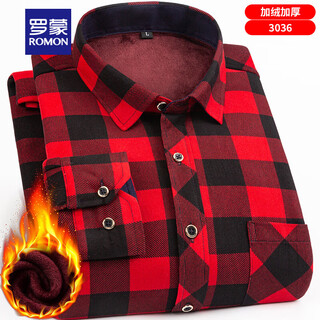 Romon's new winter brushed plaid velvet shirt for middle-aged men, loose plus fat plus size velvet thickened warm shirt, fantasy red 3036 velvet thickened 7xl suitable for 210-230jin jin is equal to 0.5kg weight wear