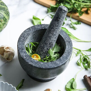 Garlic mortar, old-fashioned marble garlic mortar, manual garlic masher, stone mortar, household grinding bowl, pounding bowl, granite pestle, natural stone, durable