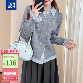 Tonlion 2025 autumn and winter woven splicing lapel double-breasted fake two-piece women's cardigan sweater