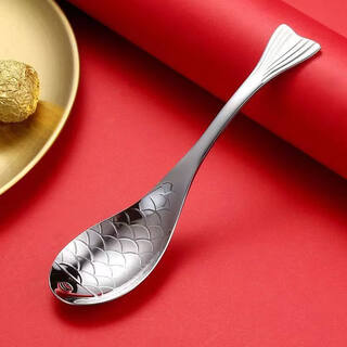 Aoyanlai 304 stainless steel spoon, household drinking spoon, fish tail ingot spoon, golden eating spoon, cute spoon, old-fashioned spoon, fish spoon (large silver) 2 pieces