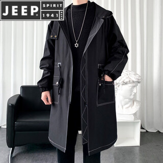 JEEP SPIRIT风衣男生冬季加绒加厚中长款大衣男生休闲连帽冬秋季宽松大码外套 黑色 262春秋 M 100-130斤