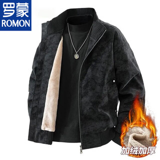 Romon 2025 new leather jacket men's large size american retro new casual autumn and winter loose velvet warm jacket black warm velvet s 85-110jin jin equals 0.5 kg