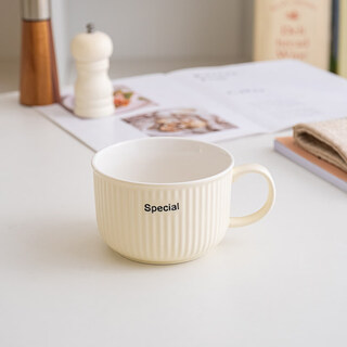 Shijanu new product cream ceramic office lunch box lunch box lunch box with lid microwave home single handle instant noodles 5.25 inch milky white_single bowl__vertical stripe_with handle