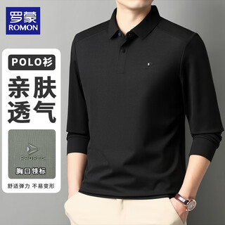 Romon long-sleeved polo shirt for men spring business casual middle-aged and elderly lapel top bottoming shirt dad wear black xl