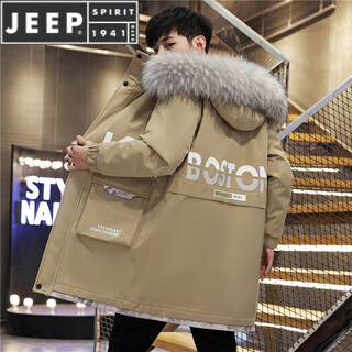 Jeep spirit mid-length velvet jacket men's new winter trendy hooded fur collar down jacket handsome thickened windbreaker parka e91 khaki (upgraded plus velvet style) m