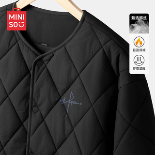 Miniso cotton coat men's american casual diamond pattern cotton coat winter light and warm collarless liner jacket black m