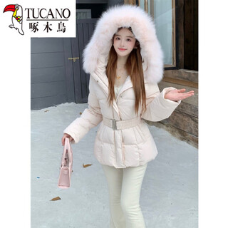 Woodpecker (tucano) 2026 new korean women's fox fur collar 90 white duck down hooded down jacket women's waist slimming winter short coat light pink s