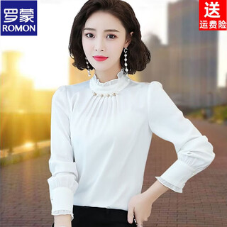 Romon professional women spring 2022 new style chiffon loose plus velvet warm long-sleeved shirt bottoming shirt ruffled top trendy off-white s recommended 85-95jin jin equals 0.5 kg