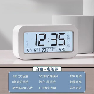 Shijanu's new alarm clock for students, smart powerful wake-up electronic clock for children and men, multi-functional wake-up tool, ivory white - battery type, voice + day of the week + three sets of alarms, night light mode