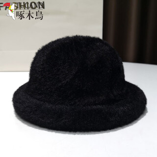 Woodpecker (tucano) plush french hat for women with velvet, warm helburn scenery, foldable hat, winter women's short brim warm basin hat, black, one size fits all (recommended head circumference 54-58cm)