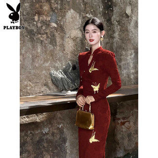 Playboy (playboy) 2025 red new chinese style improved cheongsam women's early autumn engagement long-sleeved jacquard knitted waist versatile dress red xl recommended 115-125 jin jin equals 0.5 kg