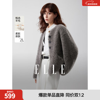 Elle french gray plush short jacket women's 2025 winter new loose commuting lamb wool casual top medium gray s
