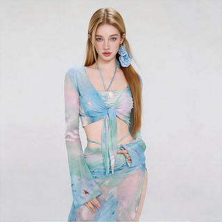 Yu shang zhenpin swimsuit women's split bikini four-piece set long-sleeved long skirt sun protection new swimwear vacation seaside hot springs recommended 80-120 jin jin equals 0.5 kg