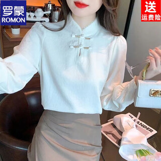 Romon thickened velvet retro stand-up collar button-up shirt for women in autumn new style inner shirt western chic new chinese style top apricot spring and autumn 8345 m recommended 80-100 jin jin is equal to 0.5 kg