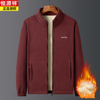 Hengyuanxiang polar fleece jacket men's autumn and winter plus velvet thickened stand collar sweater cardigan loose large size windproof warm fleece jacket burgundy plus velvet m
