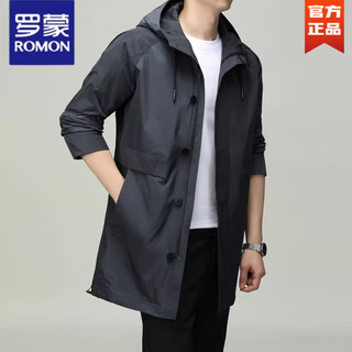 罗蒙（ROMON）中长款风衣男士2026春季新款高级感潮流休闲连帽夹克外套男装 192213灰色 XL 180