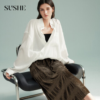 Sushe dufeng deconstructed design, irregular lapel, slanted placket, thin, silky, loose, wrinkled shirt, light cloud white m