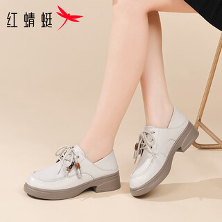 Red dragonfly women's shoes small leather shoes women's new cowhide lace-up british style loafers women's versatile thick-soled comfortable commuting shoes wtb161282 off-white (4cm) 36