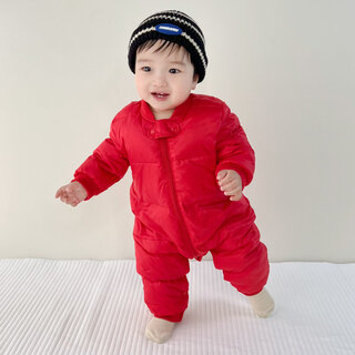 Disney (disney) baby winter down jumpsuit for men and women, thickened winter outdoor clothing, plus fleece rompers, children's warm clothes, red down jumpsuit 36cm 100