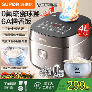 Supor rice cooker new generation 0 fluorine glazed ball pot rice cooker 4l household 3-4-5-6 multifunctional micro-pressure rice cooker 21 minutes firewood rice 6a glutinous rice anti-overflow quick cooking 4l