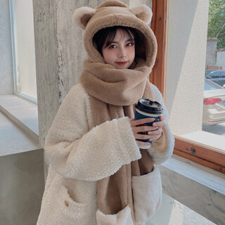 Viney scarf hat women autumn and winter 2025 new one-piece bear cute warm hooded plush three-piece set color matching khaki khak birthday gift for girlfriend wife valentine's day girlfriend 3.8 goddess double layer thickening