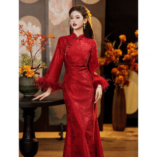 Spring man (tanhuangren) velvet thickened new chinese style cheongsam improved toast wear winter clothes 2026 burgundy fishtail engagement evening dress for women red velvet xl